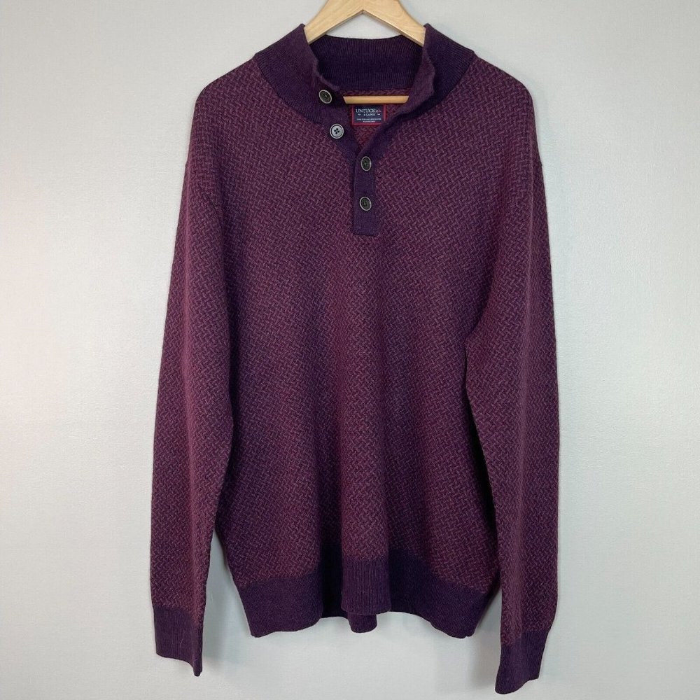 Untuckit Sorensen Cross Stitch Henley Sweater XL‎ Purple Red Merino Wool Men's
